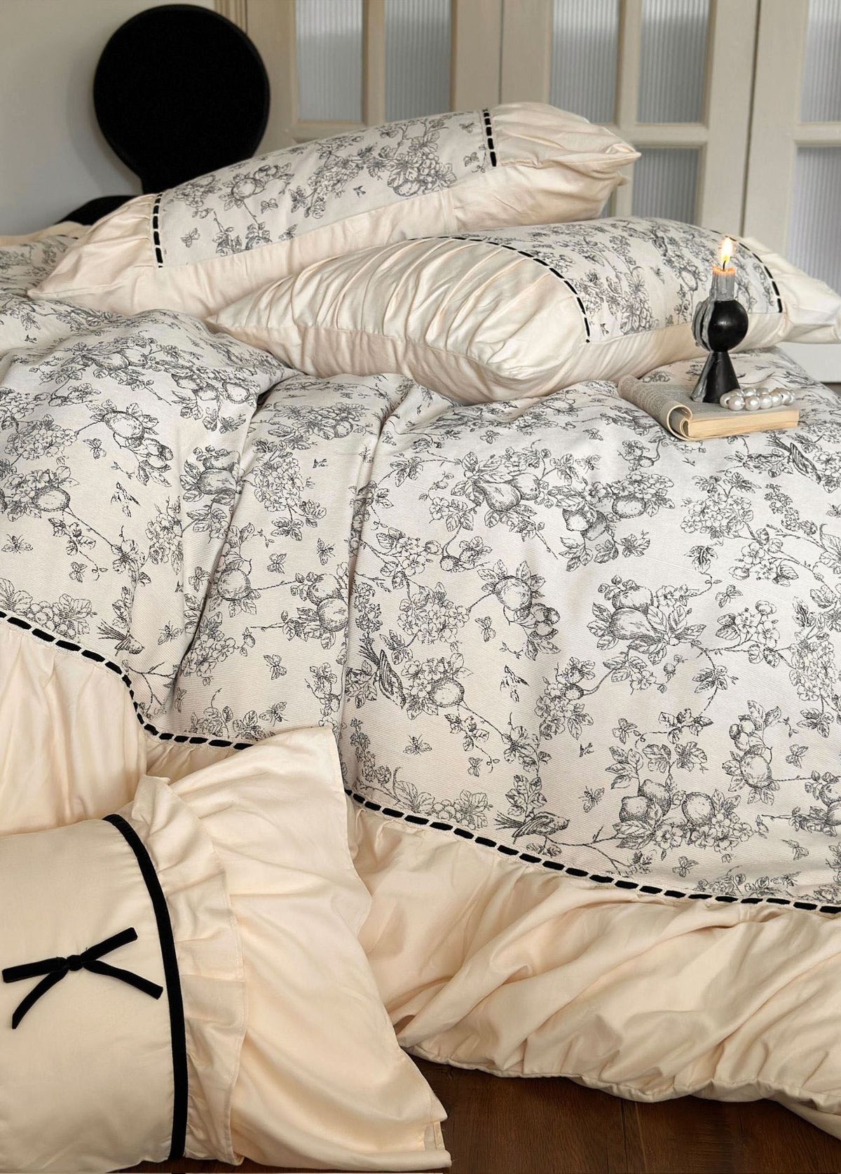 French Black Lace Bedding Set / Cream