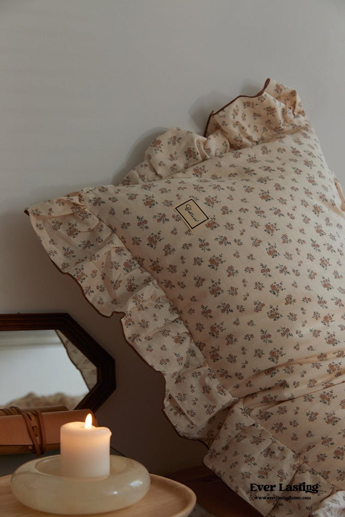 French Floral Earth Tone Double Layer Ruffle Bedding Set / Beige + Brown