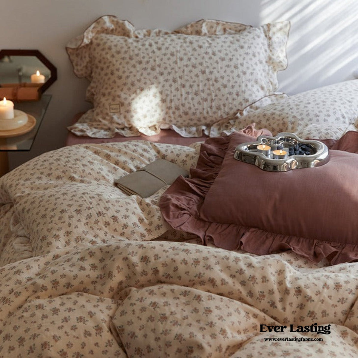 French Floral Earth Tone Double Layer Ruffle Bedding Set / Beige + Brown