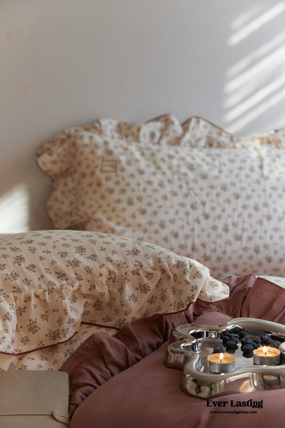 French Floral Earth Tone Double Layer Ruffle Bedding Set / Beige + Brown