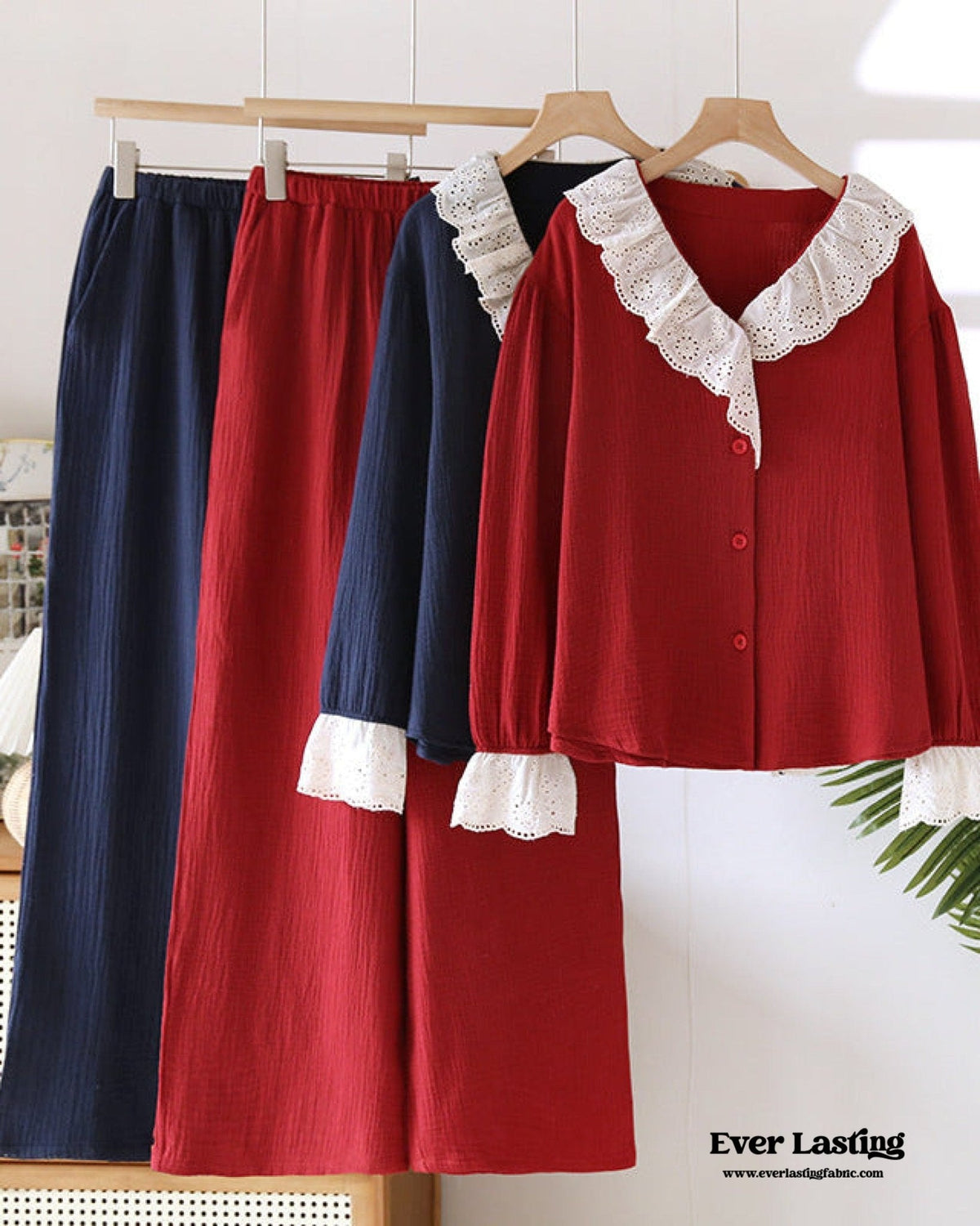 French Ruffled Long Sleeves and Pants Pajama Set / Navy