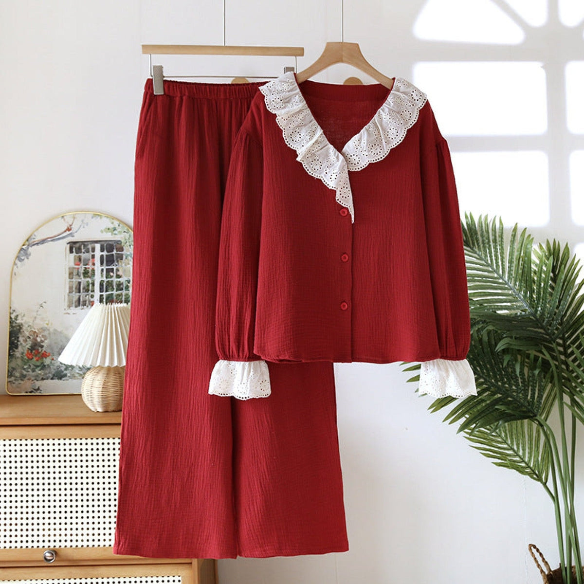 French Ruffled Long Sleeves and Pants Pajama Set / Navy