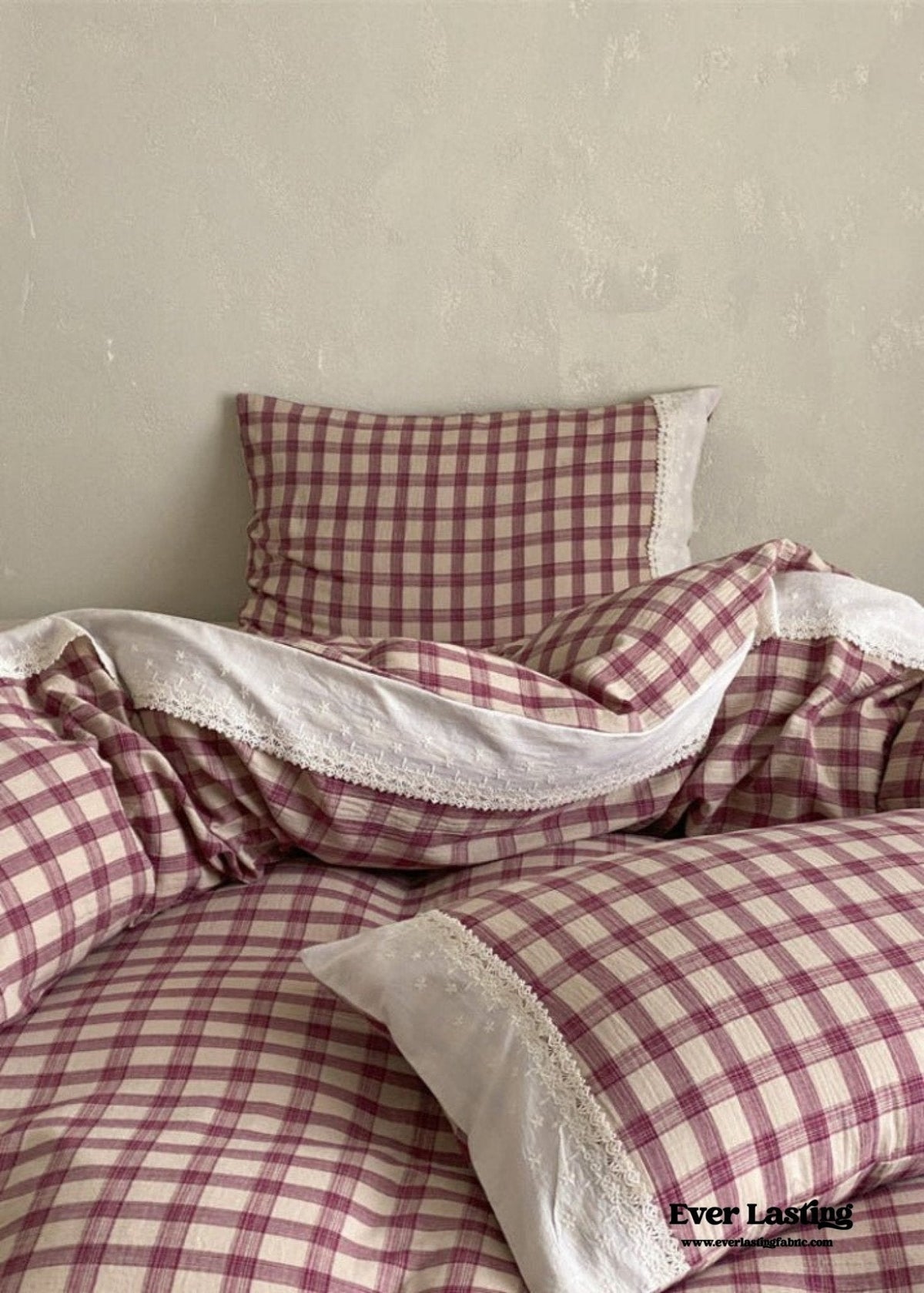 June Lace Double Gauze Gingham Bedding Set / Brown
