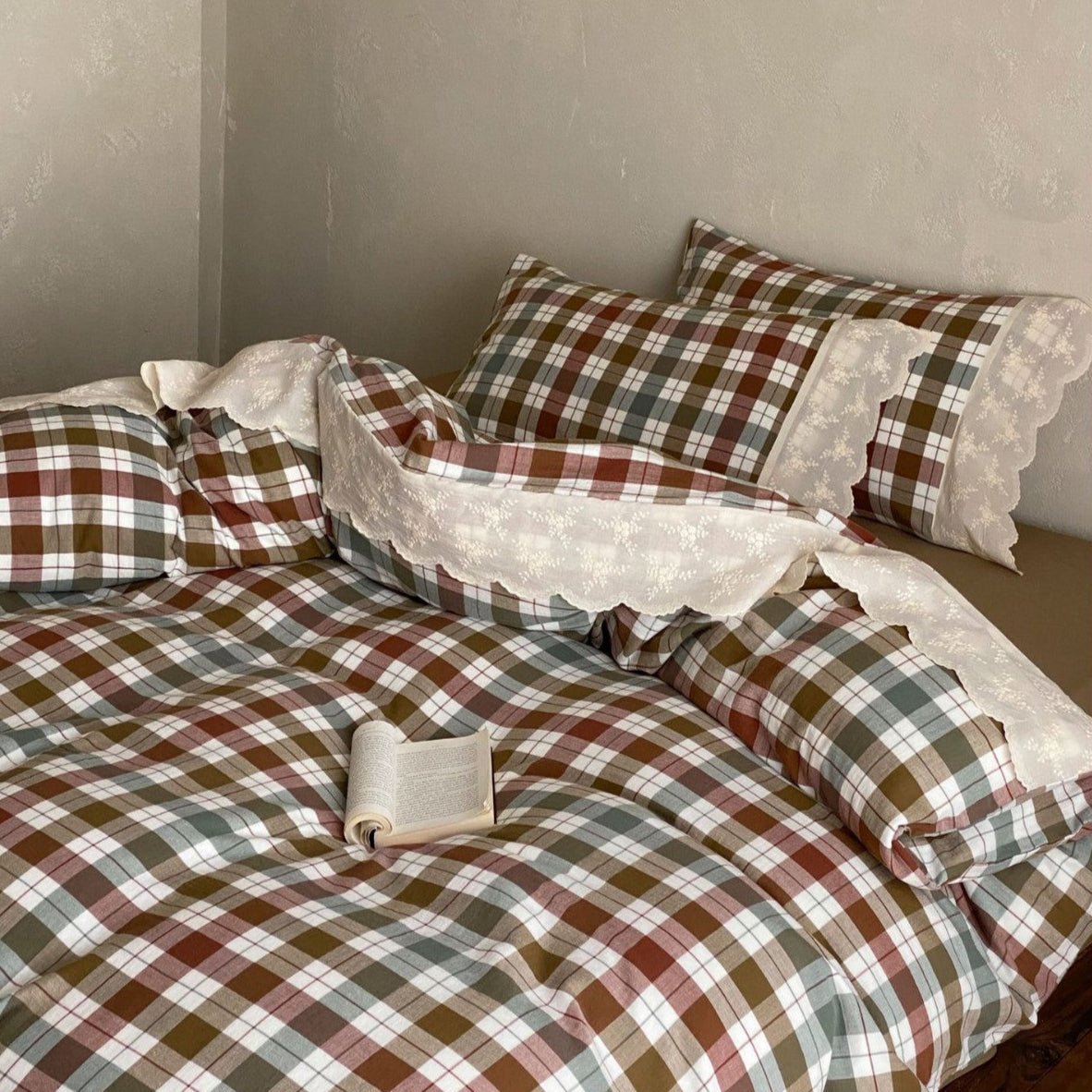 June Lace Double Gauze Gingham Bedding Set / Green