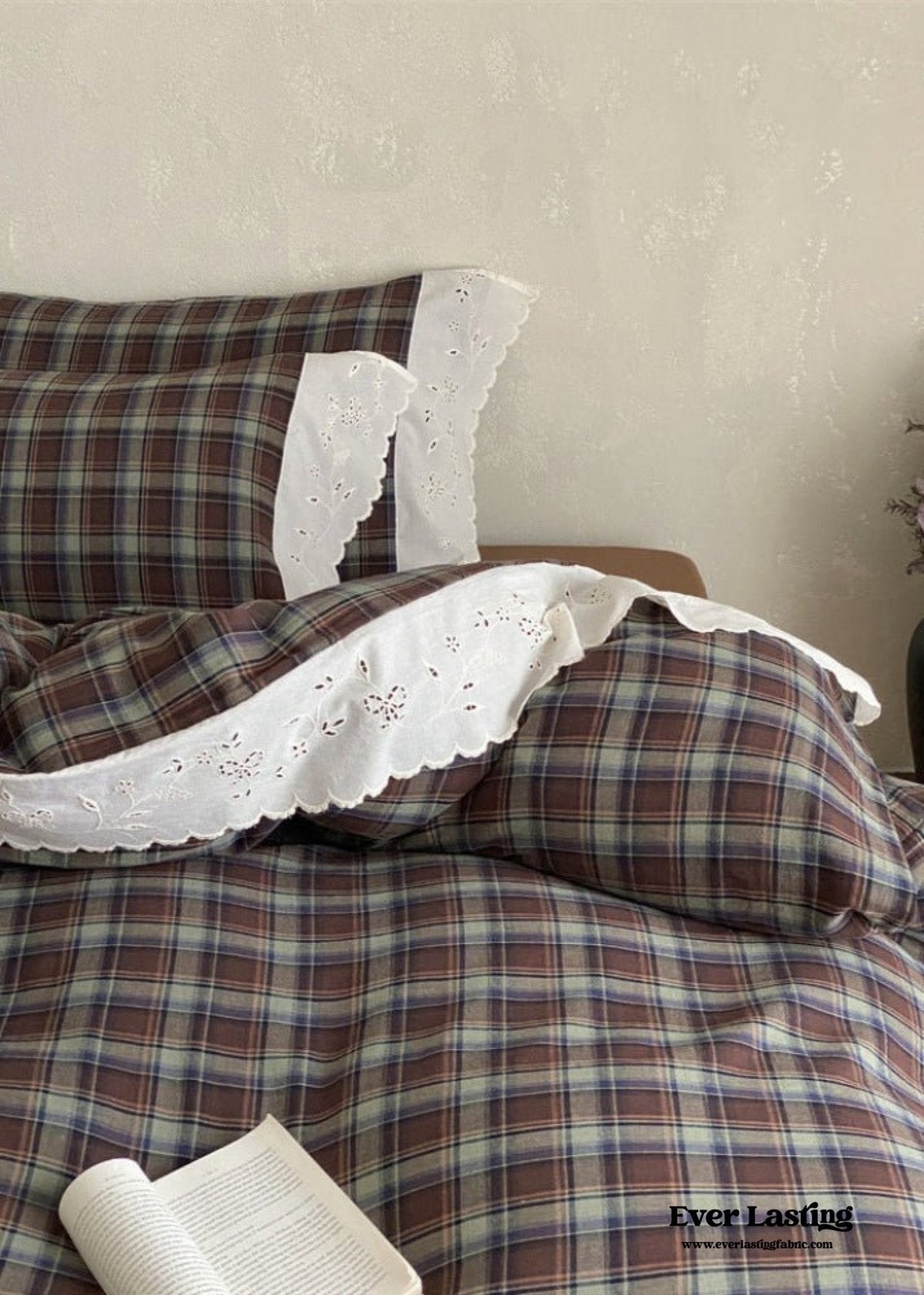 June Lace Double Gauze Gingham Bedding Set / Khaki