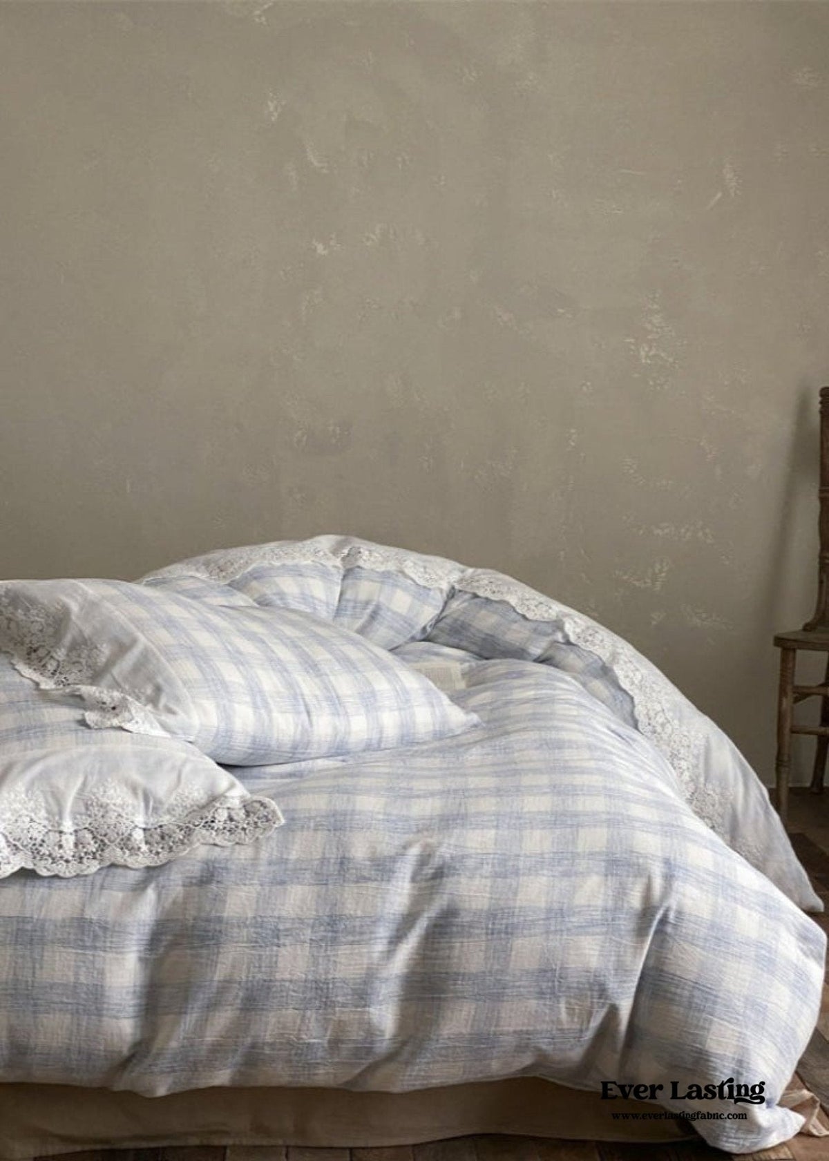 June Lace Double Gauze Gingham Bedding Set / Khaki