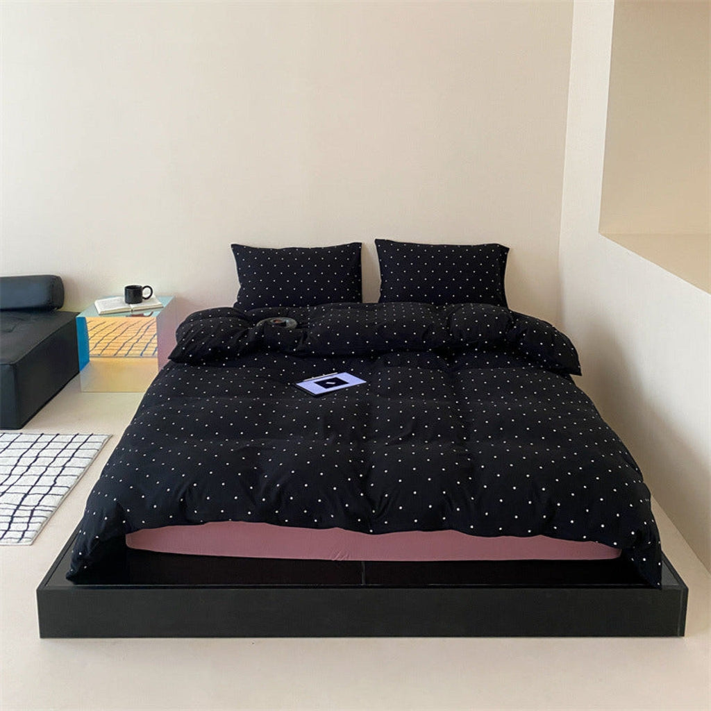 Mini Polka Dot Jersey Knit Bedding Set / Black + Pink