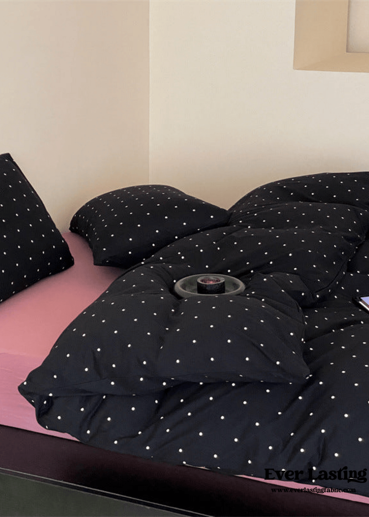 Mini Polka Dot Jersey Knit Bedding Set / Black + Pink