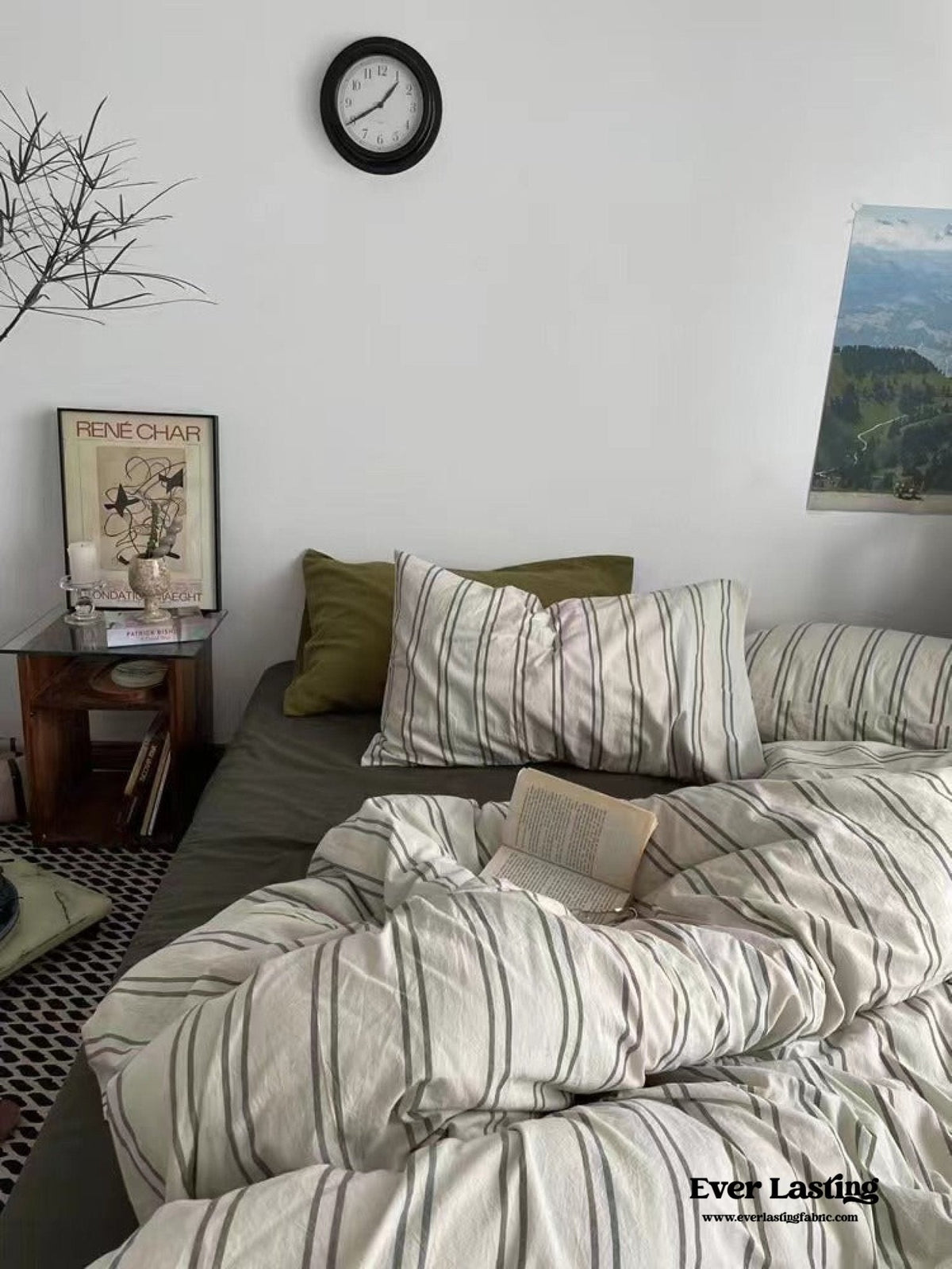 Minimal Vintage Stripe Bedding Set / Olive Green