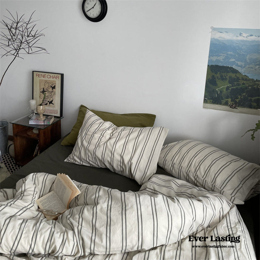 Minimal Vintage Stripe Bedding Set / Olive Green