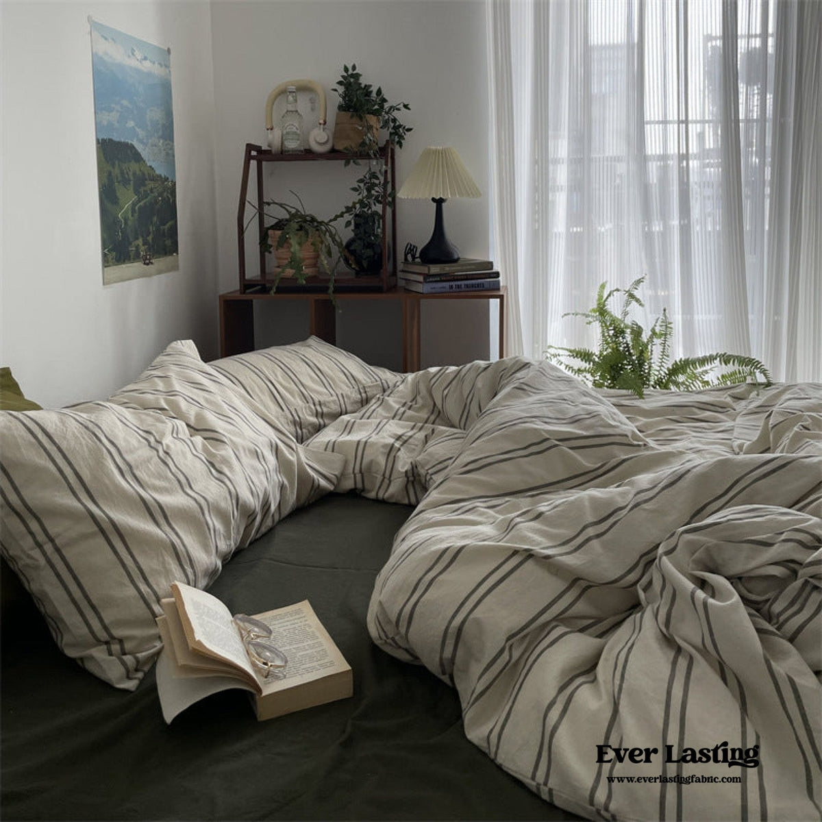 Minimal Vintage Stripe Bedding Set / Olive Green