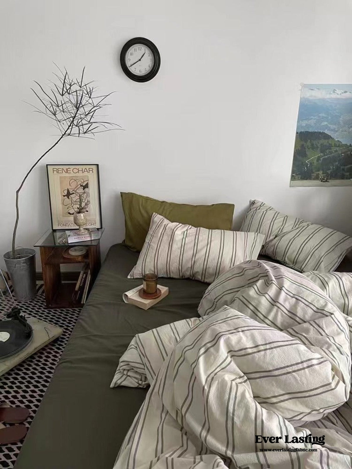 Minimal Vintage Stripe Bedding Set / Olive Green