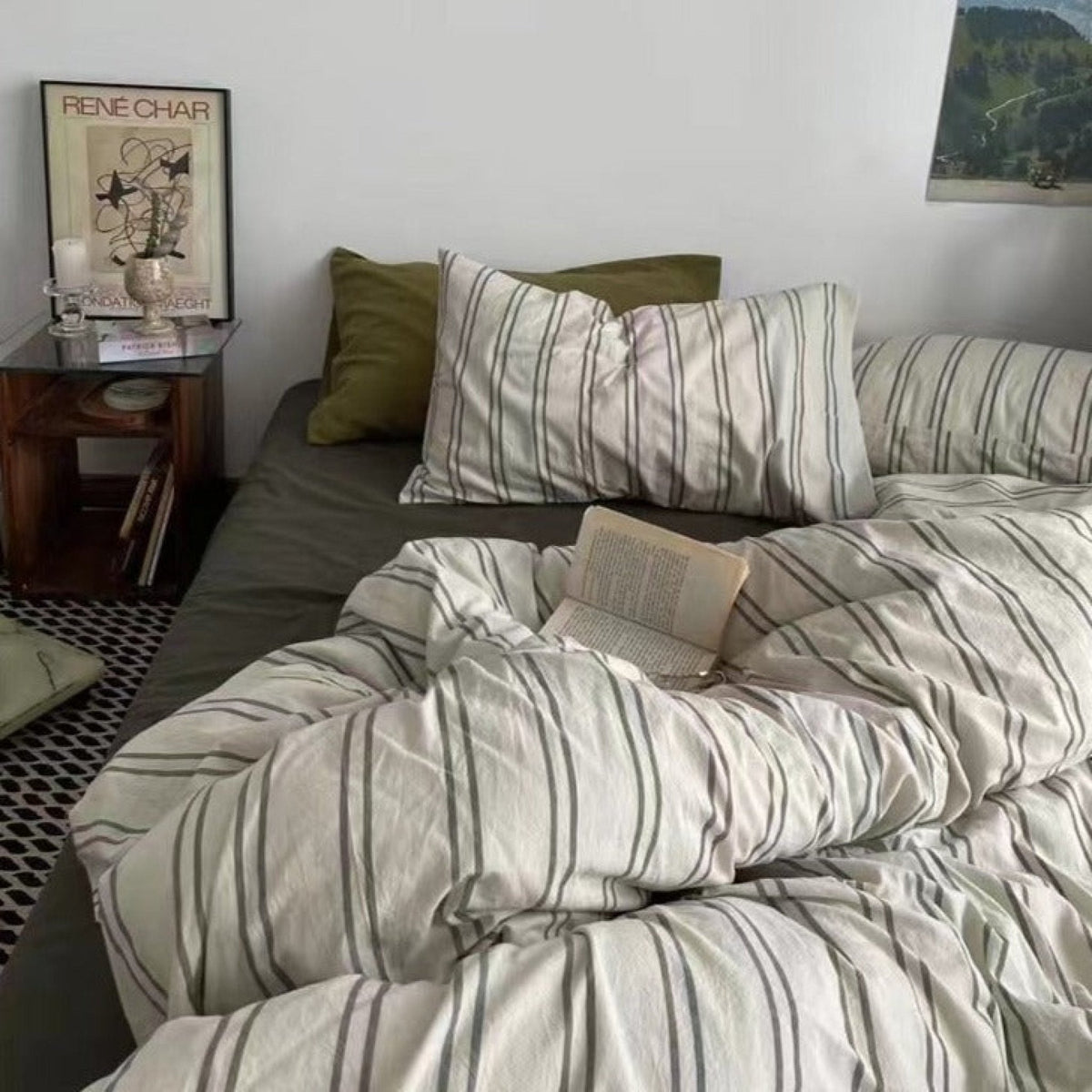 Minimal Vintage Stripe Bedding Set / Olive Green
