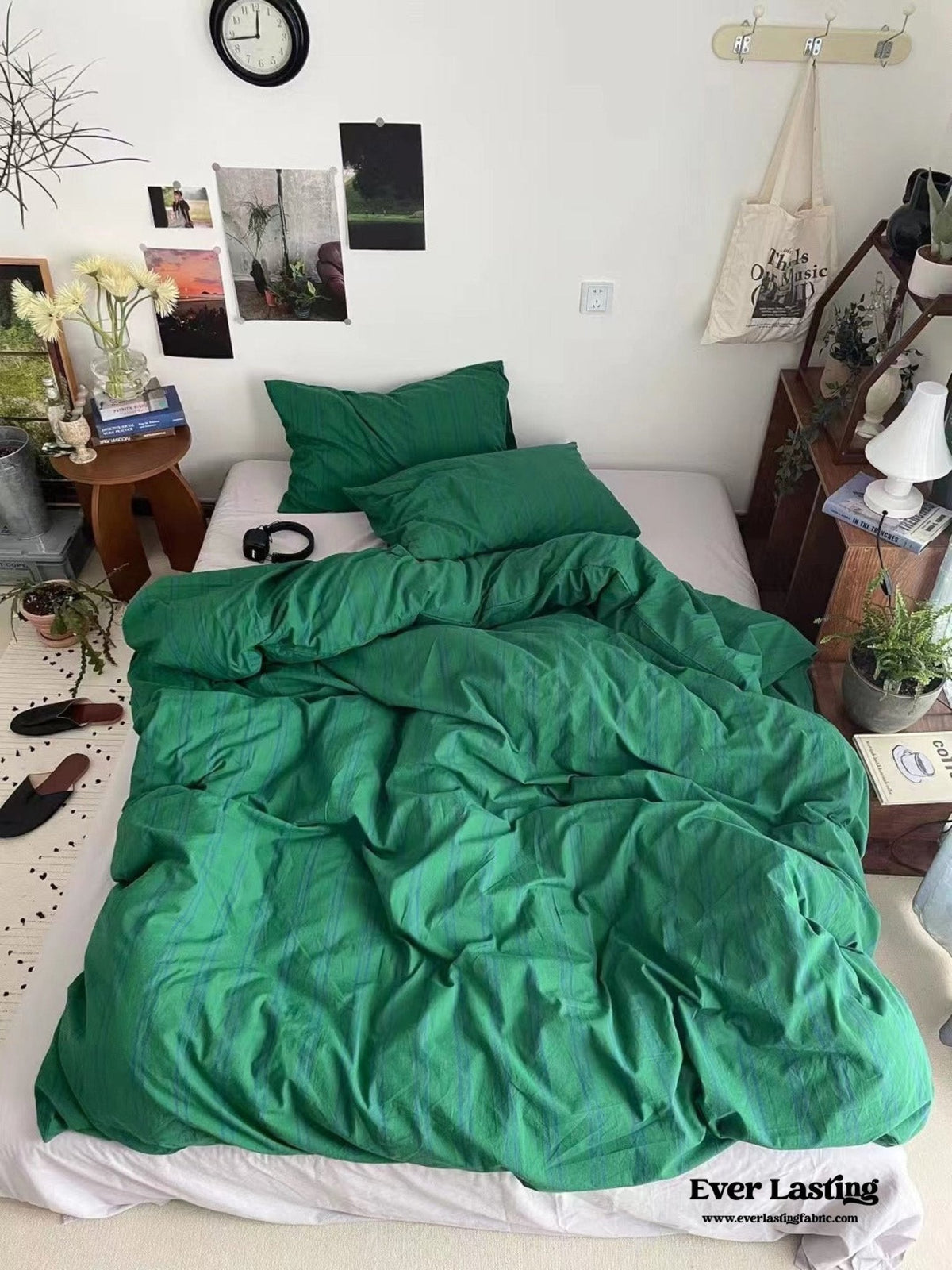 Minimal Vintage Stripe Bedding Set / Olive Green
