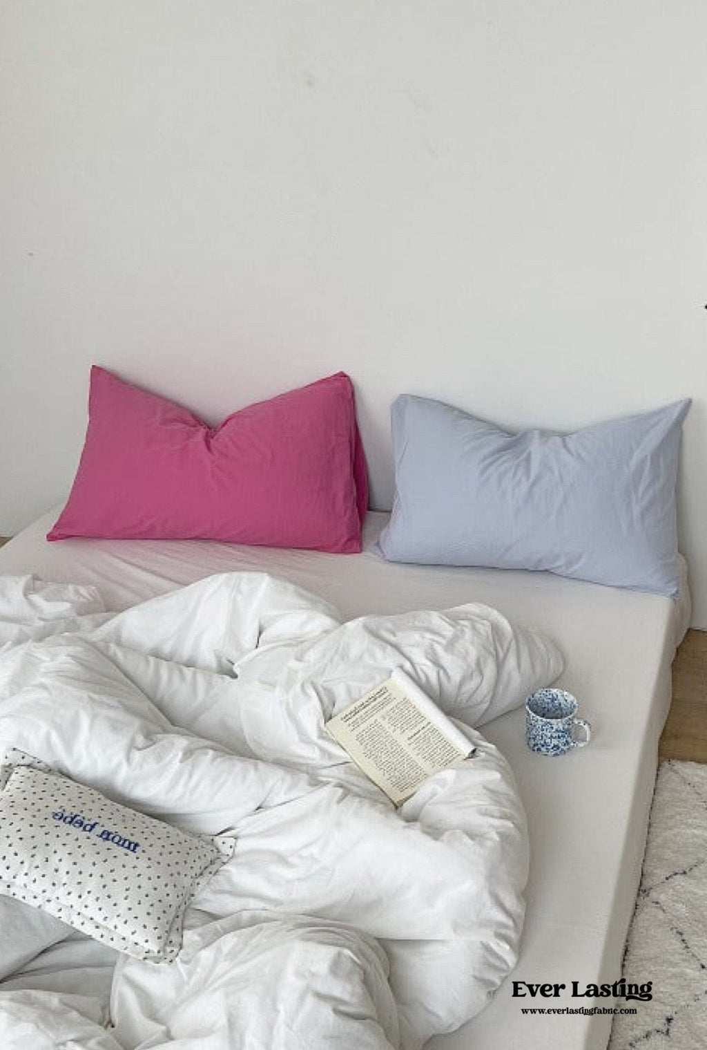 Mixed Color Washed Cotton Bedding Set / Baby Pink + White