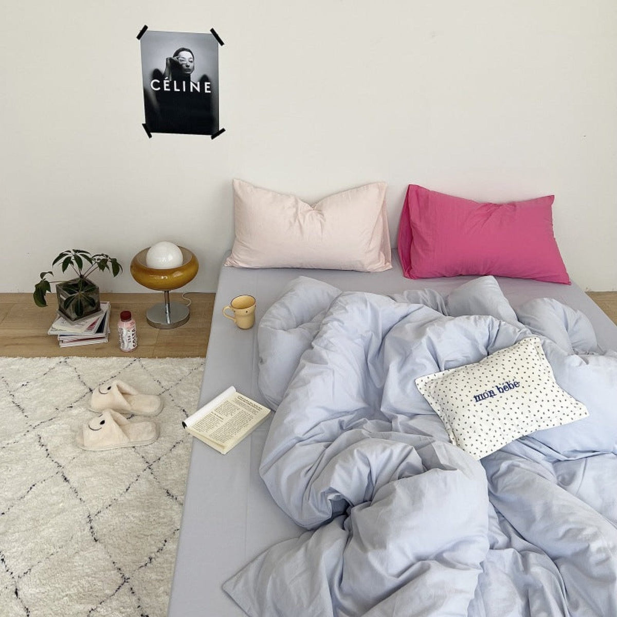 Mixed Color Washed Cotton Bedding Set / Baby Pink + White
