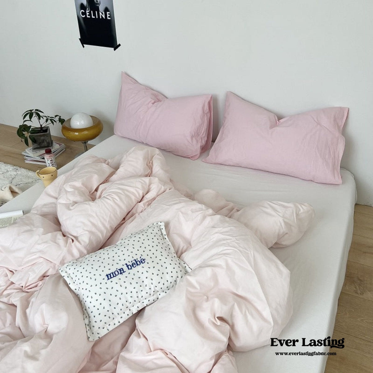 Mixed Color Washed Cotton Bedding Set / Baby Pink + White