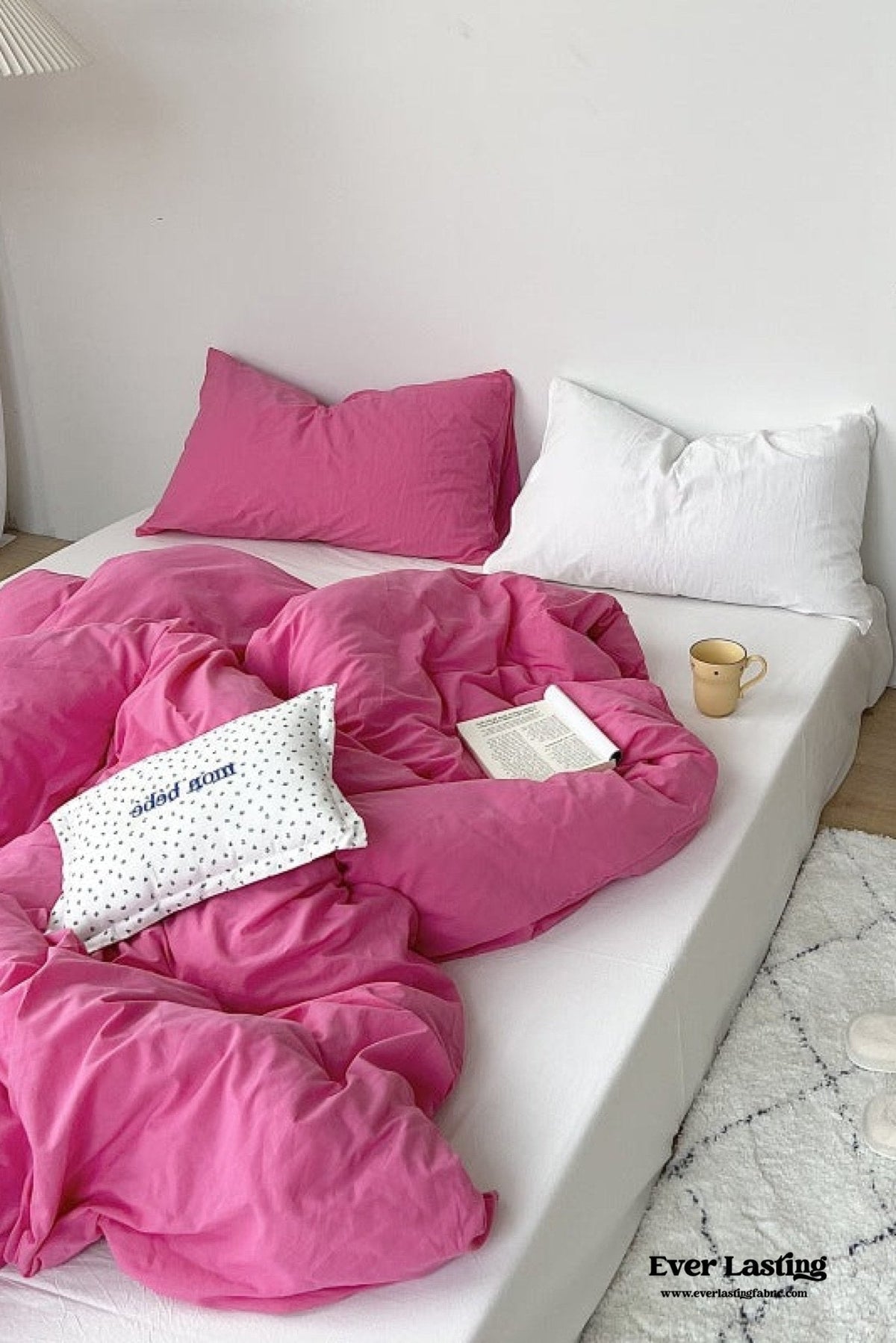 Mixed Color Washed Cotton Bedding Set / Baby Pink + White