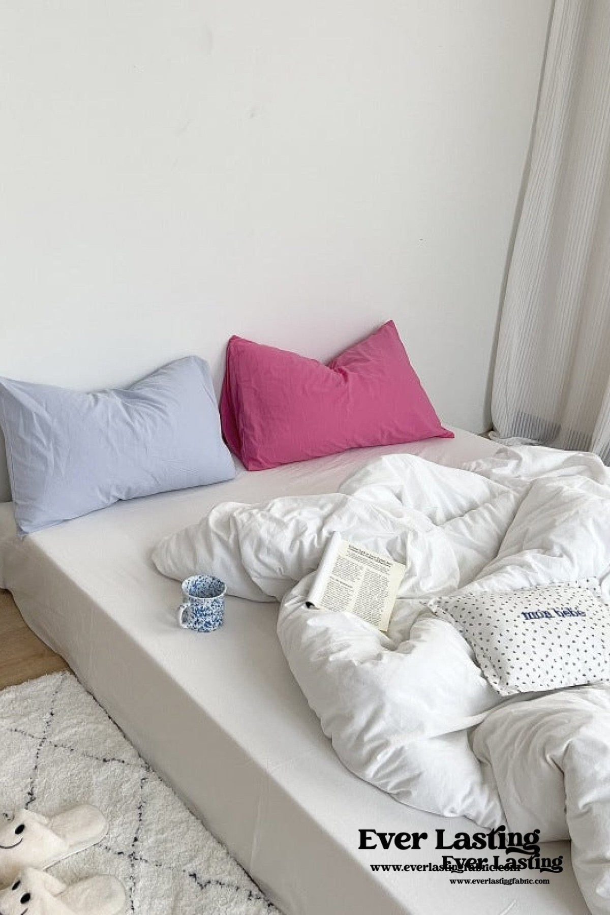 Mixed Color Washed Cotton Bedding Set / Baby Pink + White