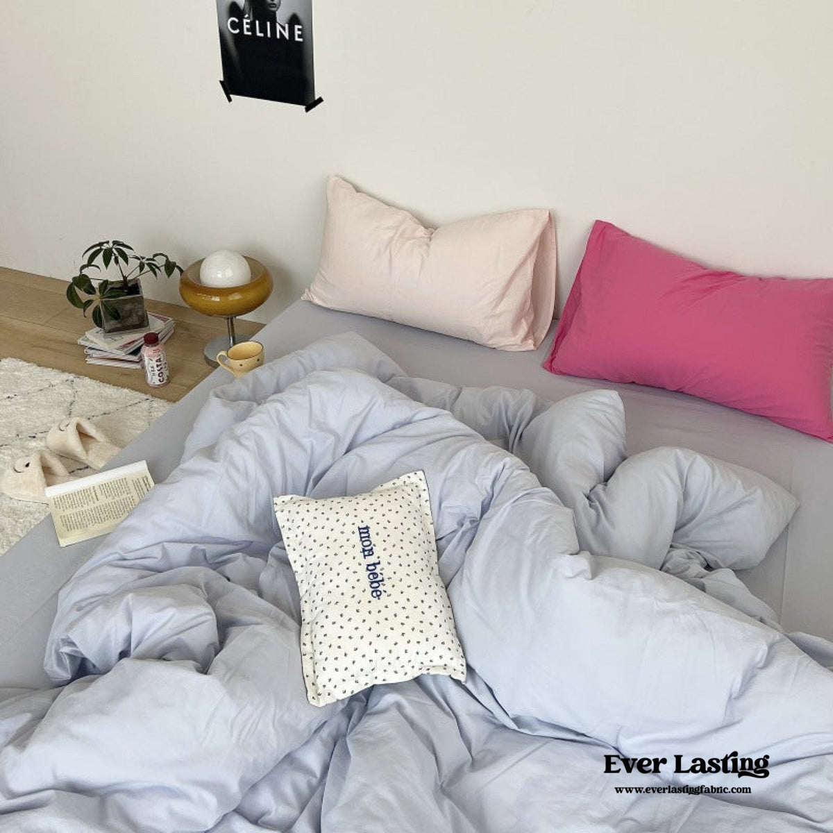 Mixed Color Washed Cotton Bedding Set / Baby Pink + White