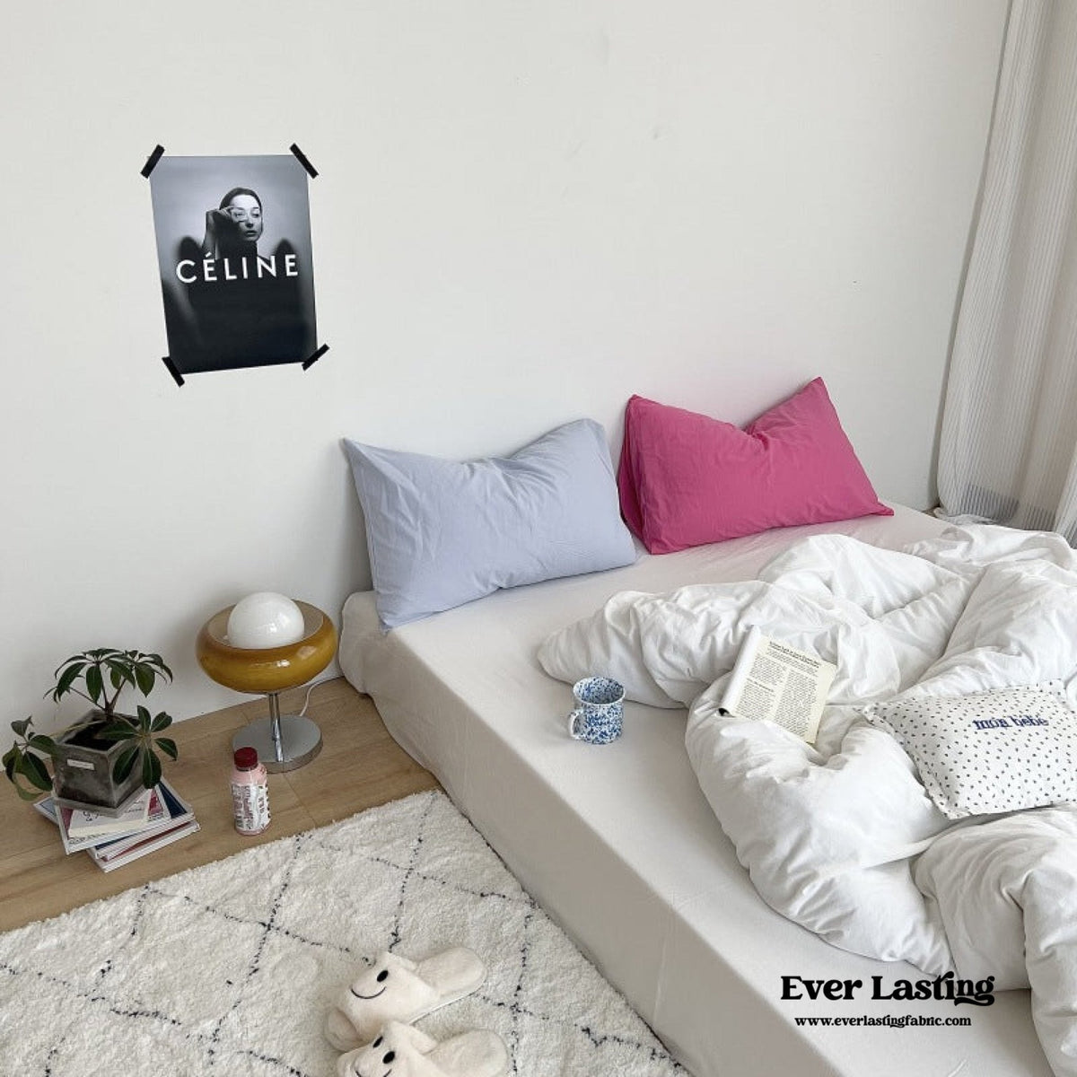 Mixed Color Washed Cotton Bedding Set / Baby Pink + White