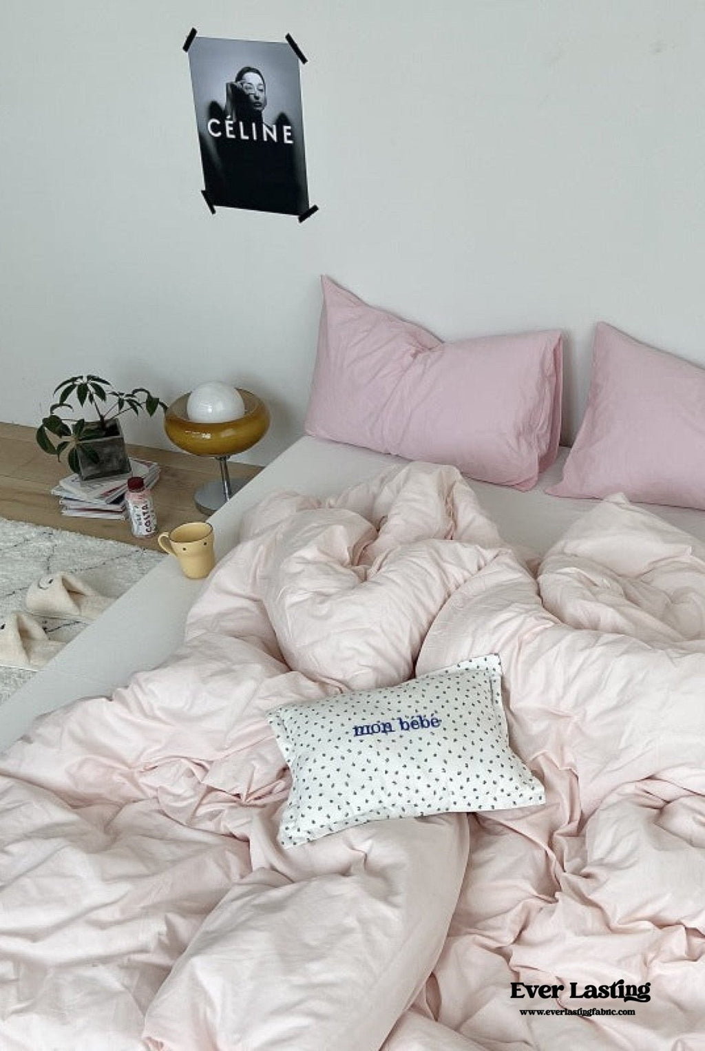 Mixed Color Washed Cotton Bedding Set / Baby Pink + White