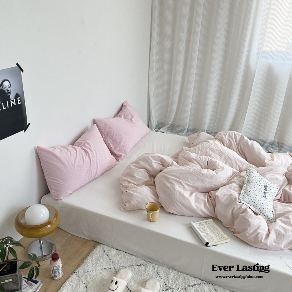 Mixed Color Washed Cotton Bedding Set / Baby Pink + White