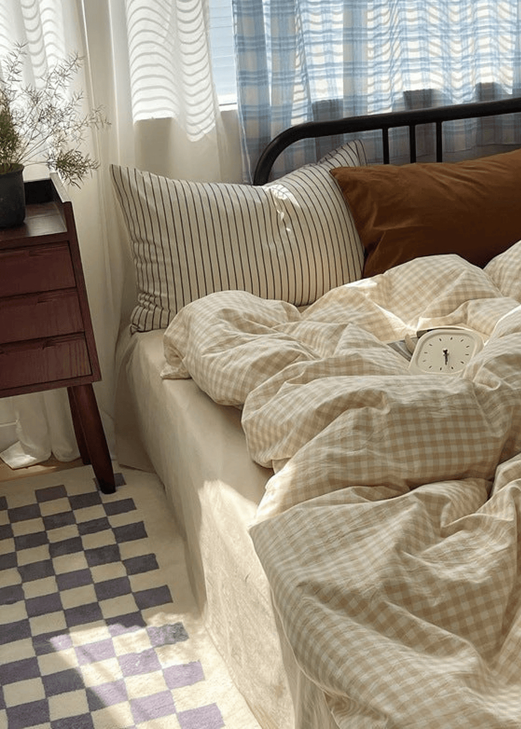 Mixed Gingham Striped Bedding Set / Brown