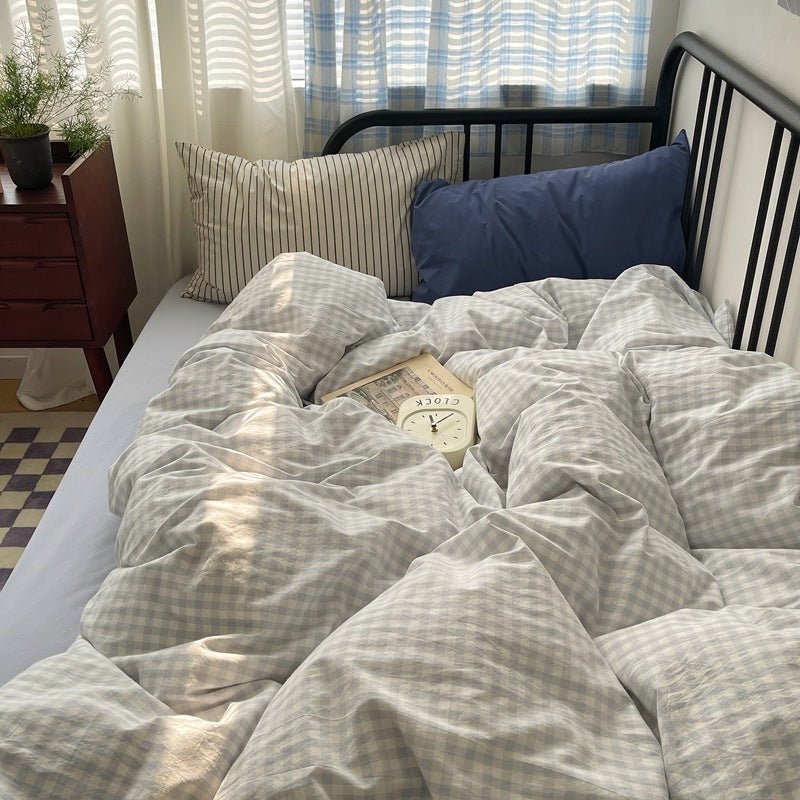Mixed Gingham Striped Bedding Set / Purple Pink