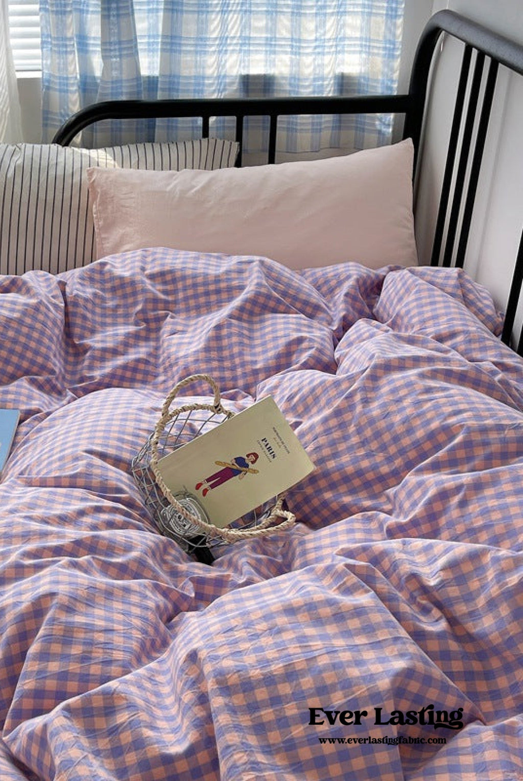 Mixed Gingham Striped Bedding Set / Purple Pink