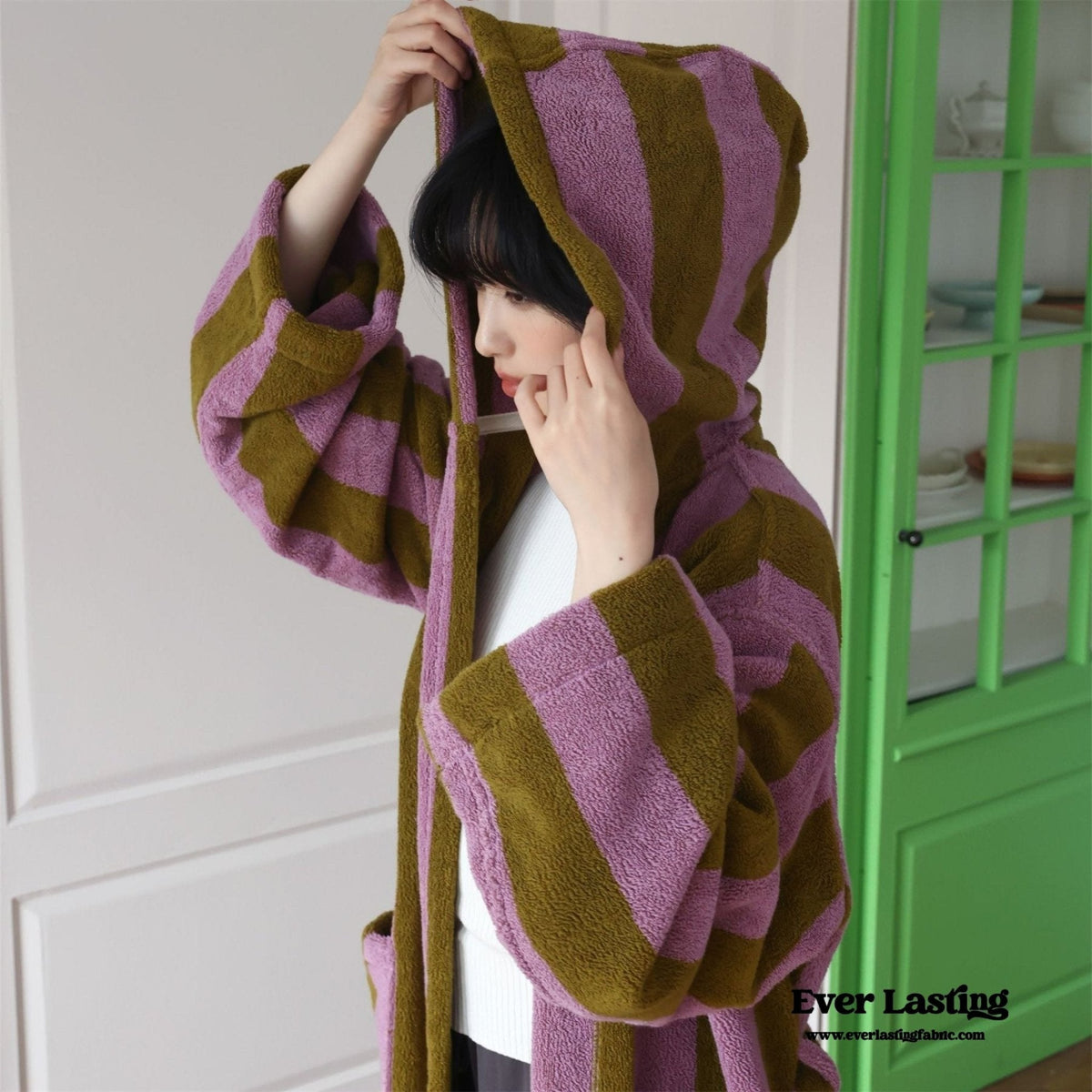 Modern Striped Cotton Bathrobe Set / Pink
