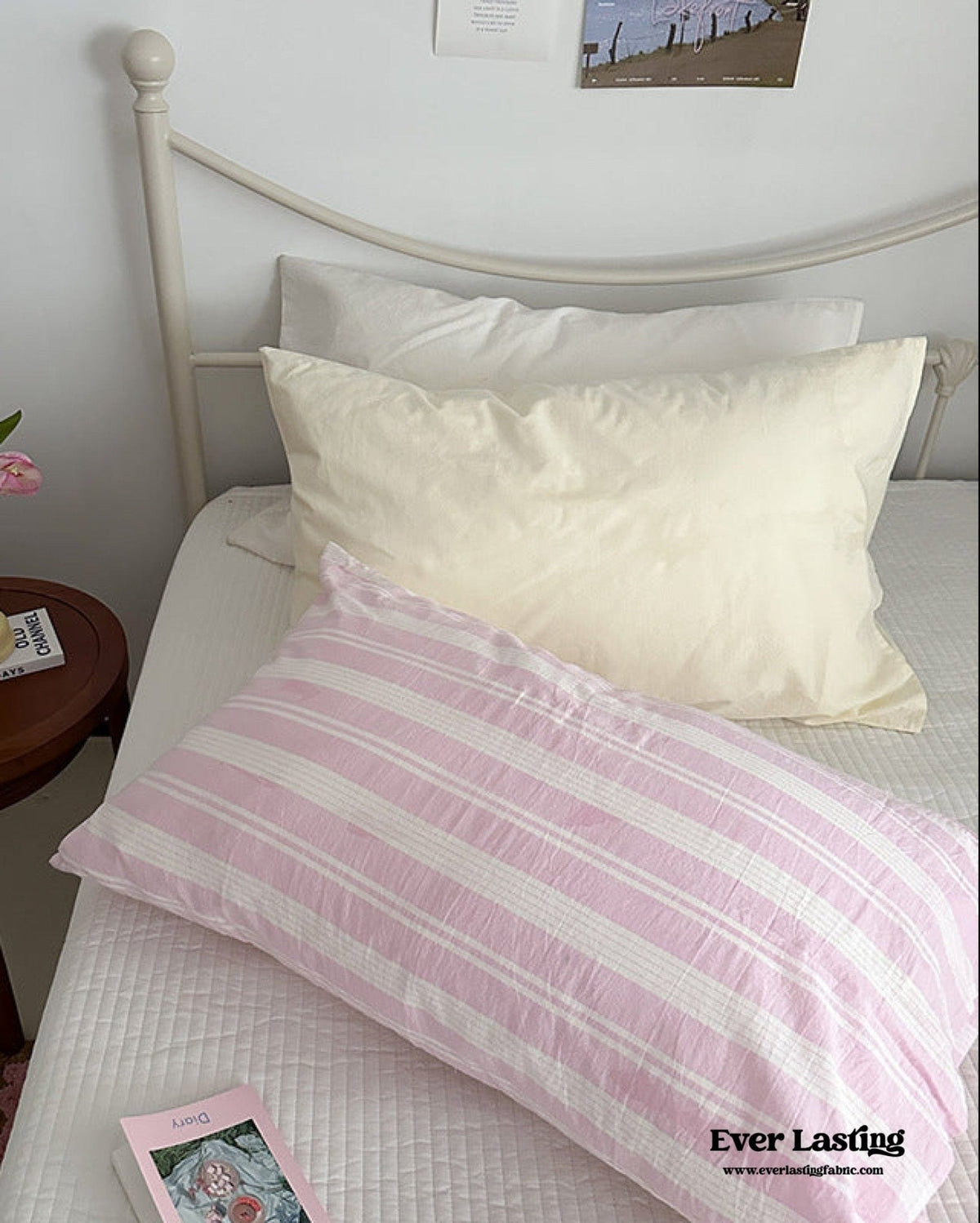 Muted Blush Cotton Pillowcase / Pink Striped