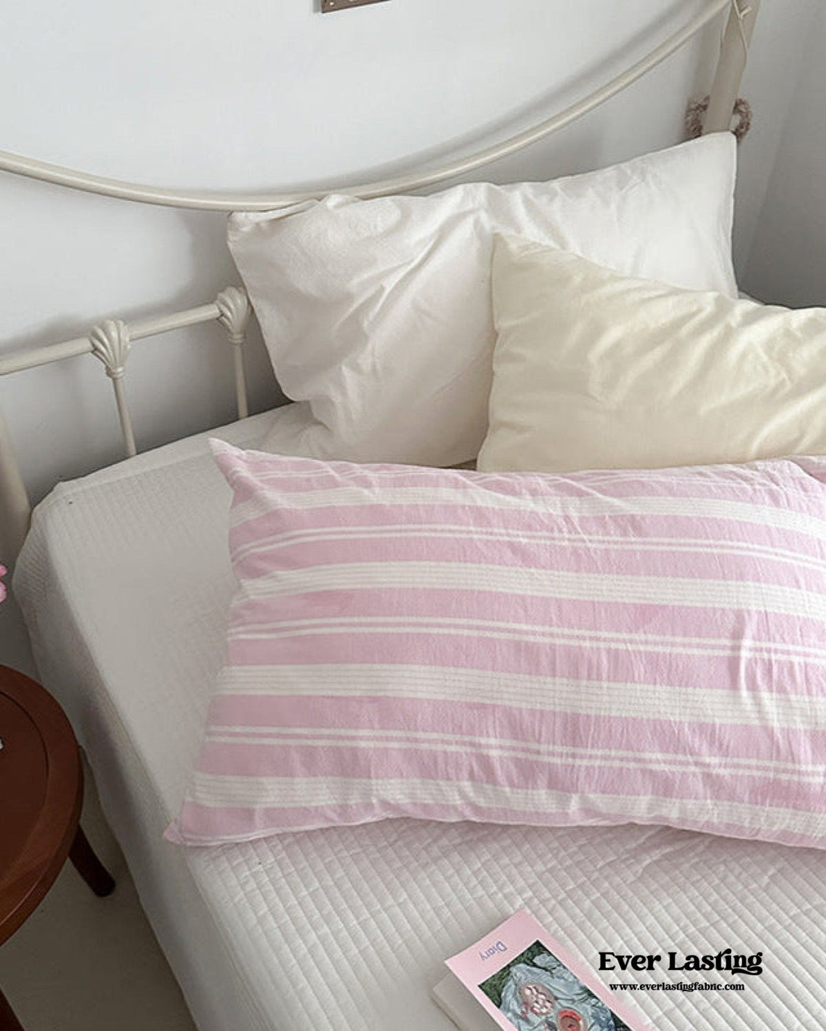 Muted Blush Cotton Pillowcase / Pink Striped