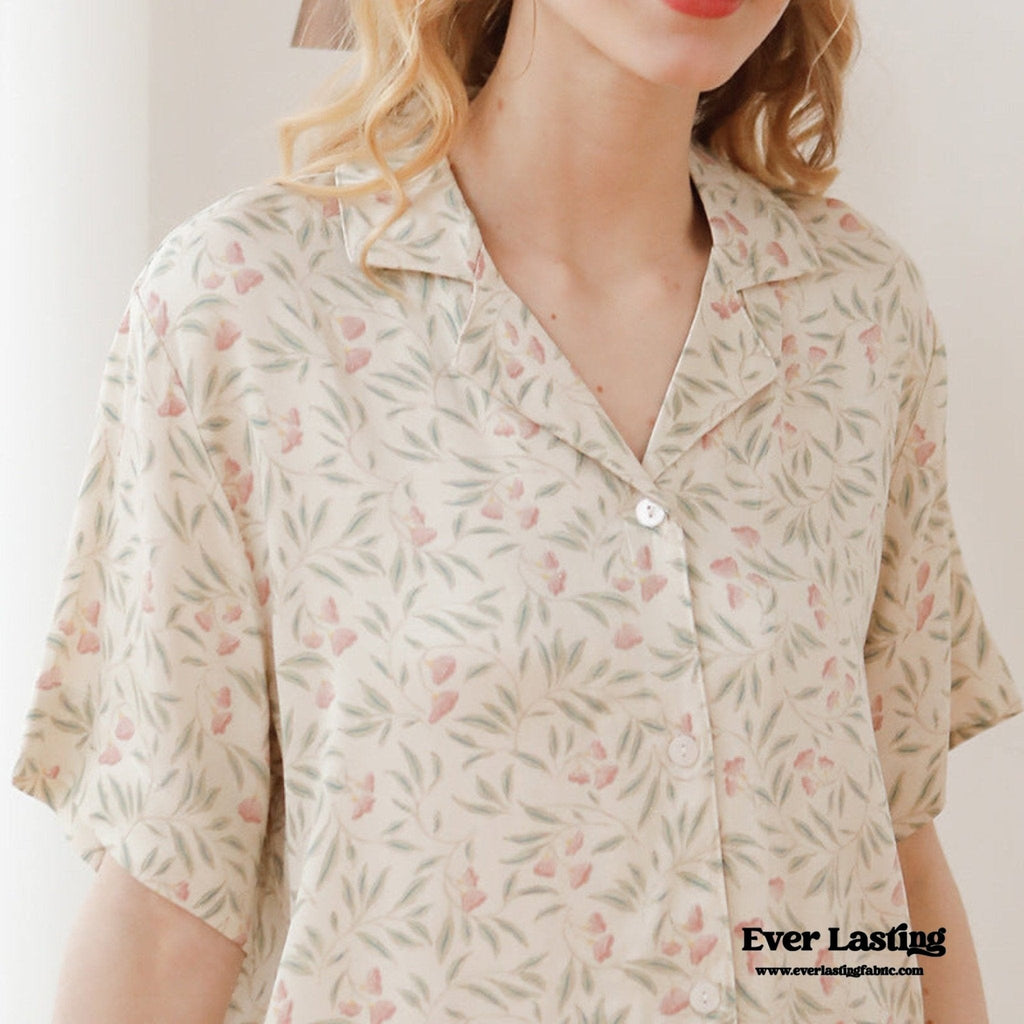 Pastoral Floral Short-Sleeve Long-Pants Pajama Set / Green