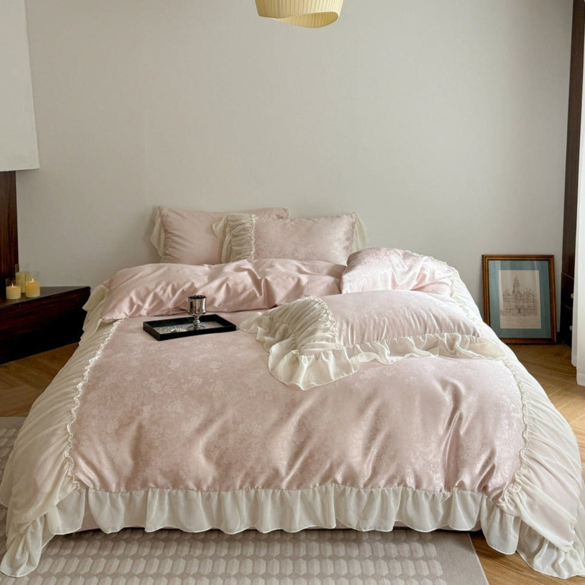 Pink Floral Ruffle Cottage Bedding Set