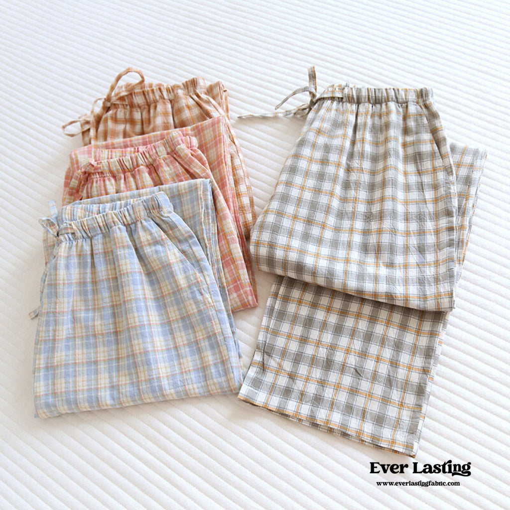 Plaid Washed Cotton Pajama Pants / Orange