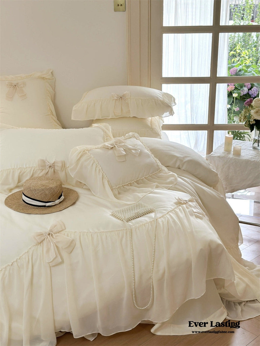 Ribbon Bow Airy Lace Bedding Set / Baby Pink