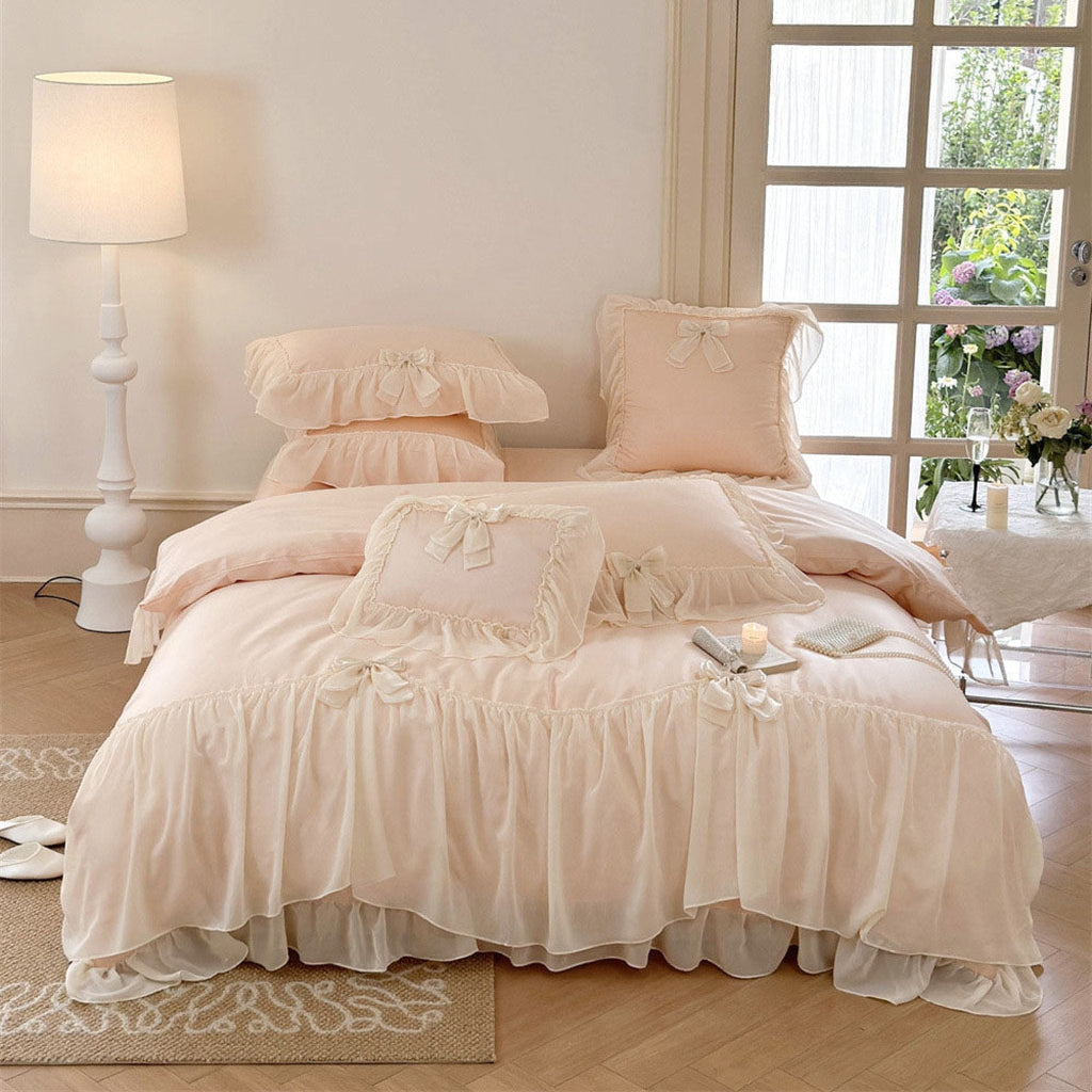 Ribbon Bow Airy Lace Bedding Set / Baby Pink