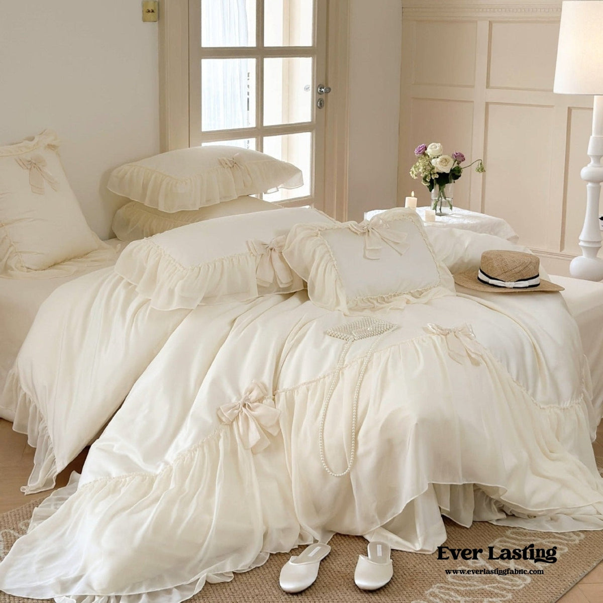 Ribbon Bow Airy Lace Bedding Set / Baby Pink