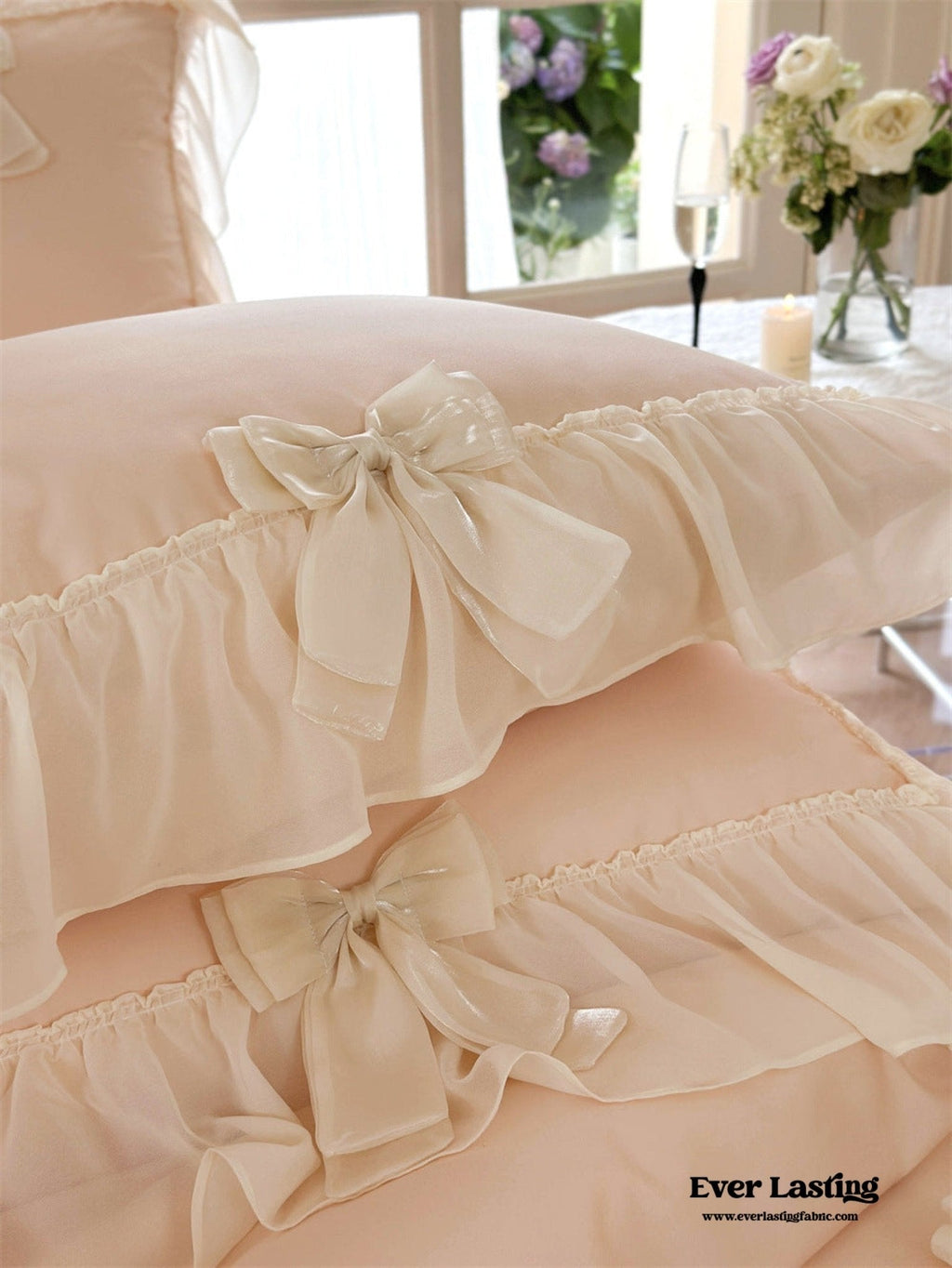 Ribbon Bow Airy Lace Bedding Set / Baby Pink