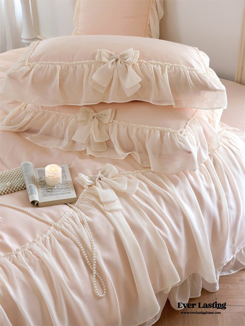 Ribbon Bow Airy Lace Bedding Set / Baby Pink