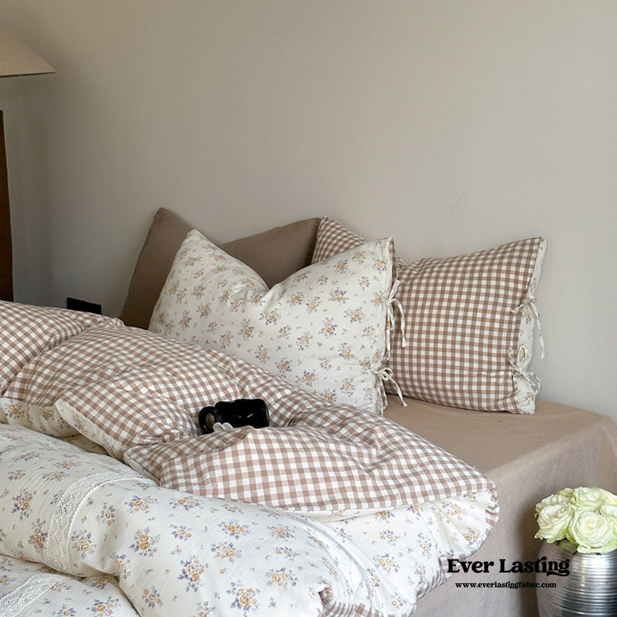 Rosalie Floral Lace Tie-Up Bedding Set / Khaki