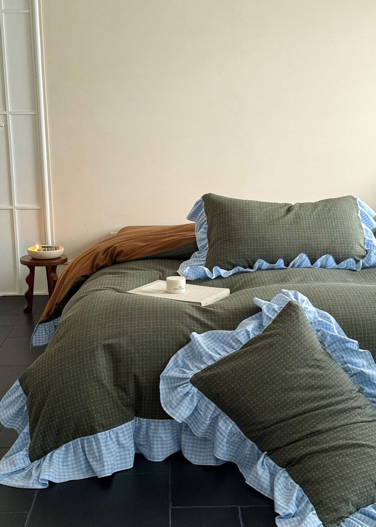 Sadie Gingham Lace Ruffle Bedding Set / Green