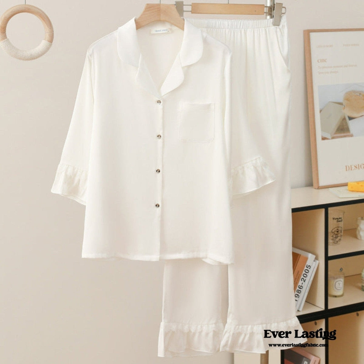 Silky Lace Ruffle Long Sleeves and Pants Pajama Set / White