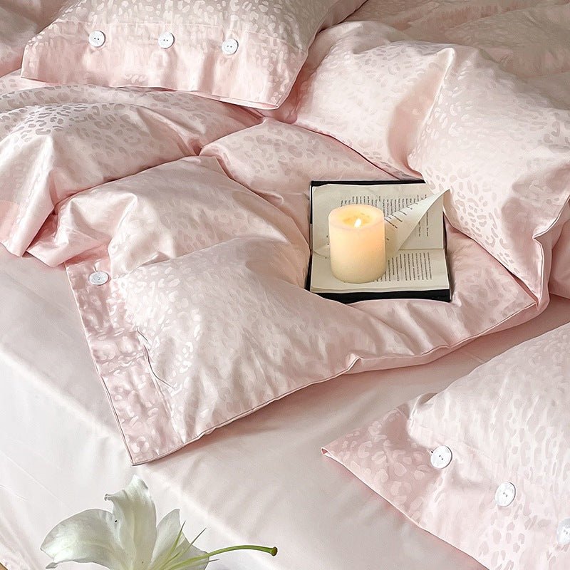 Silky Leopard Buttoned Bedding Set / Baby Pink