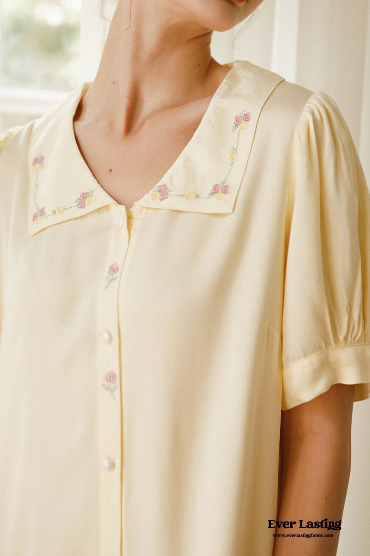 Silky Rose Cream Yellow Embroidered Pajama Set