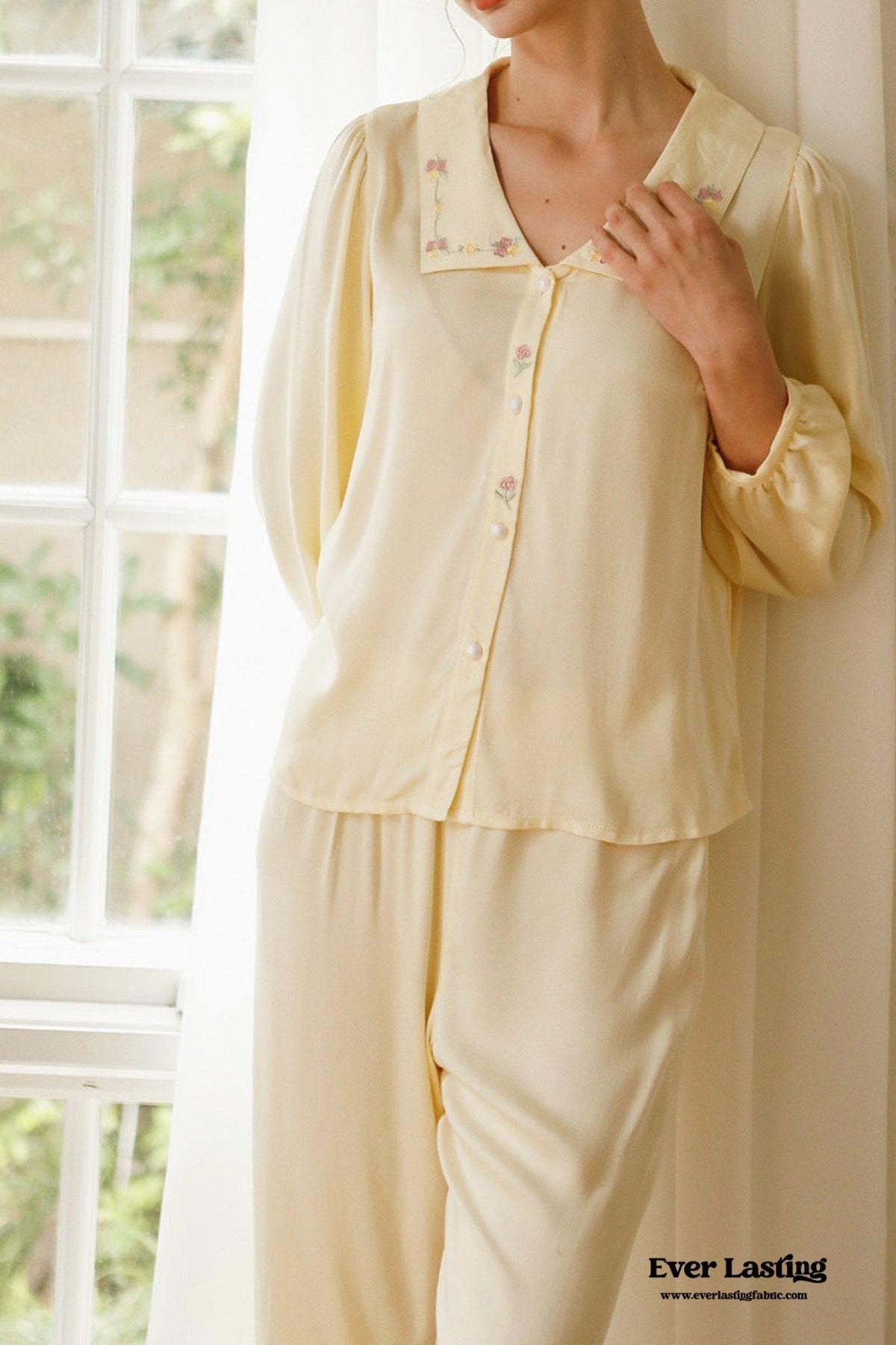 Silky Rose Cream Yellow Embroidered Short Pajama Set