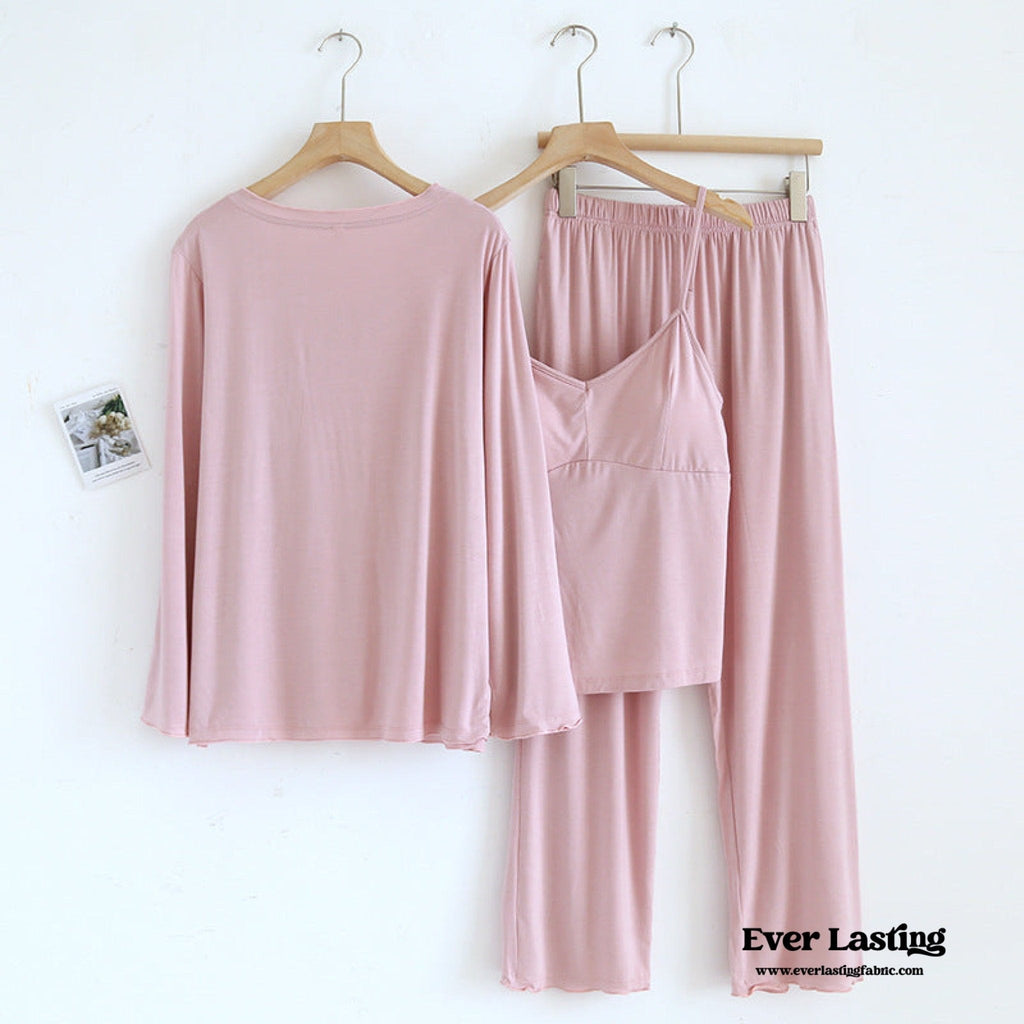 Solid Ruffle V Tank and Long Pants with Cardigan Modal Pajama Set