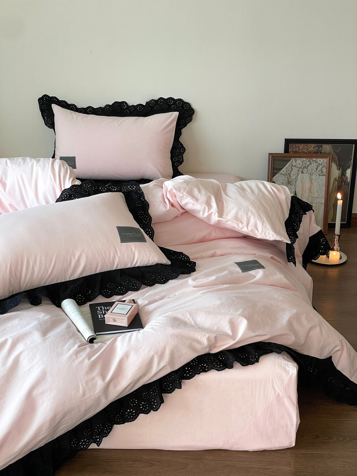 Strawberry Black Lace Ruffle Bedding Set