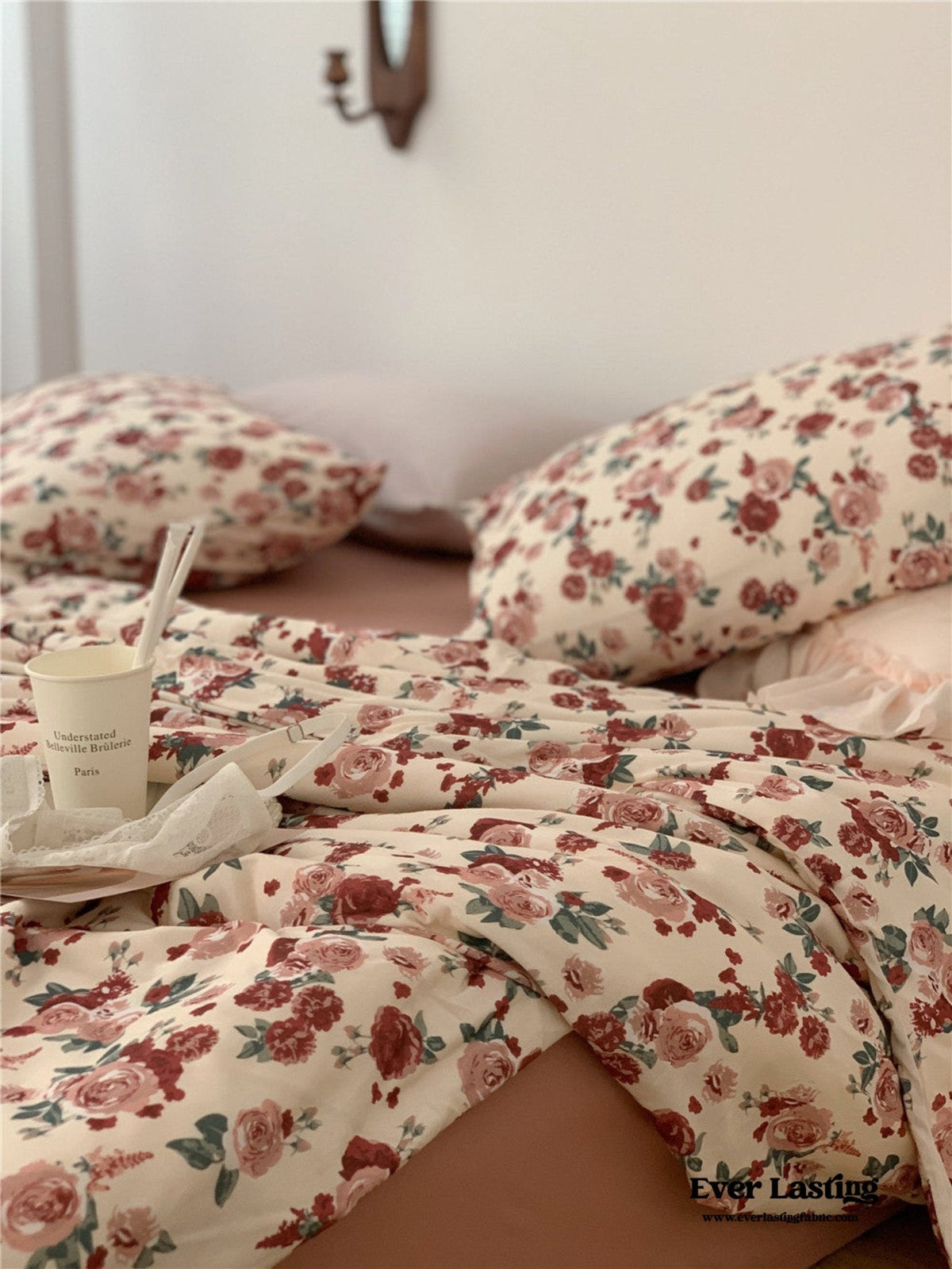 Vintage Floral Jersey Knit Bedding Set / Maroon Red